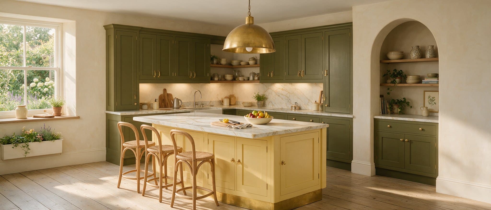 An olive and butter-yellow kitchen with a marble island