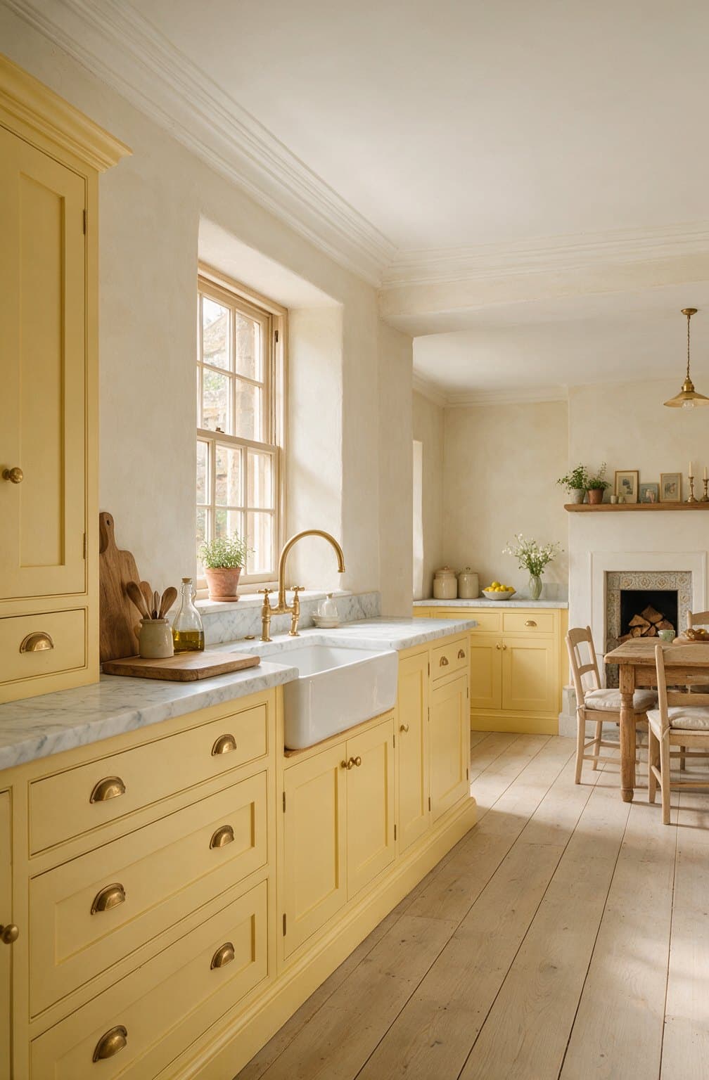 A butter-yellow shaker kitchen with a marble worktop and brass hardware