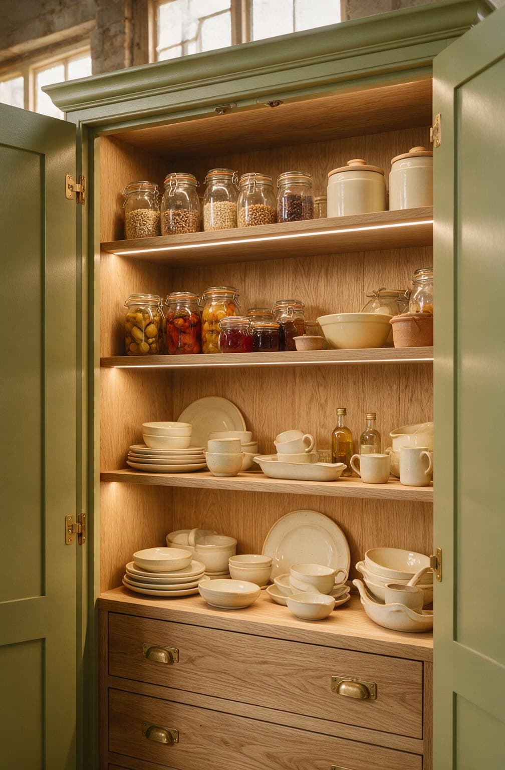 An oak-lined larder cupboard with the lights on