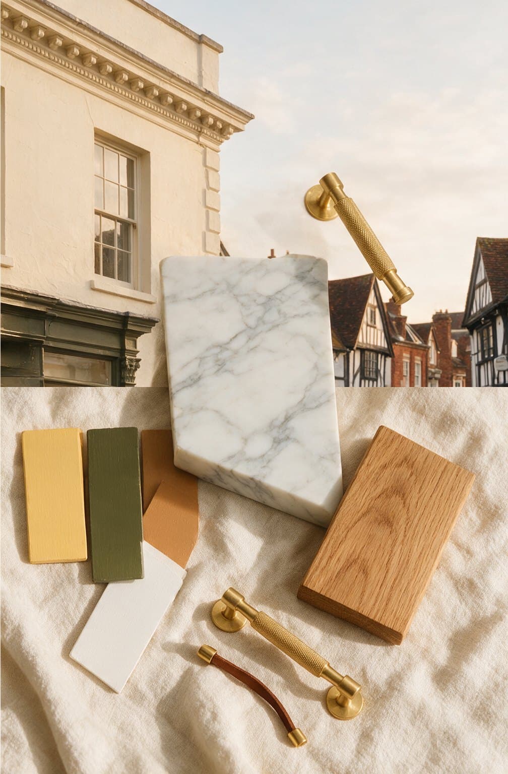 Paint chips, marble, oak and brass handles laid out on linen