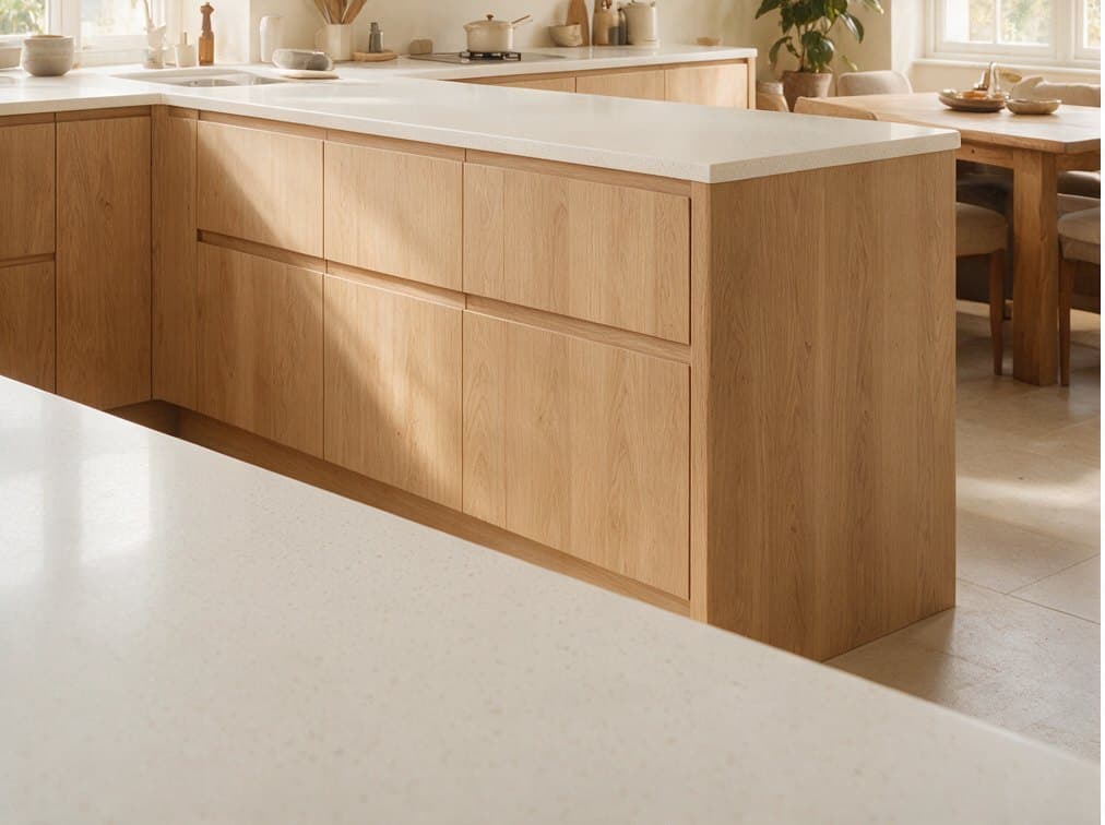 A reeded oak island with a marble worktop