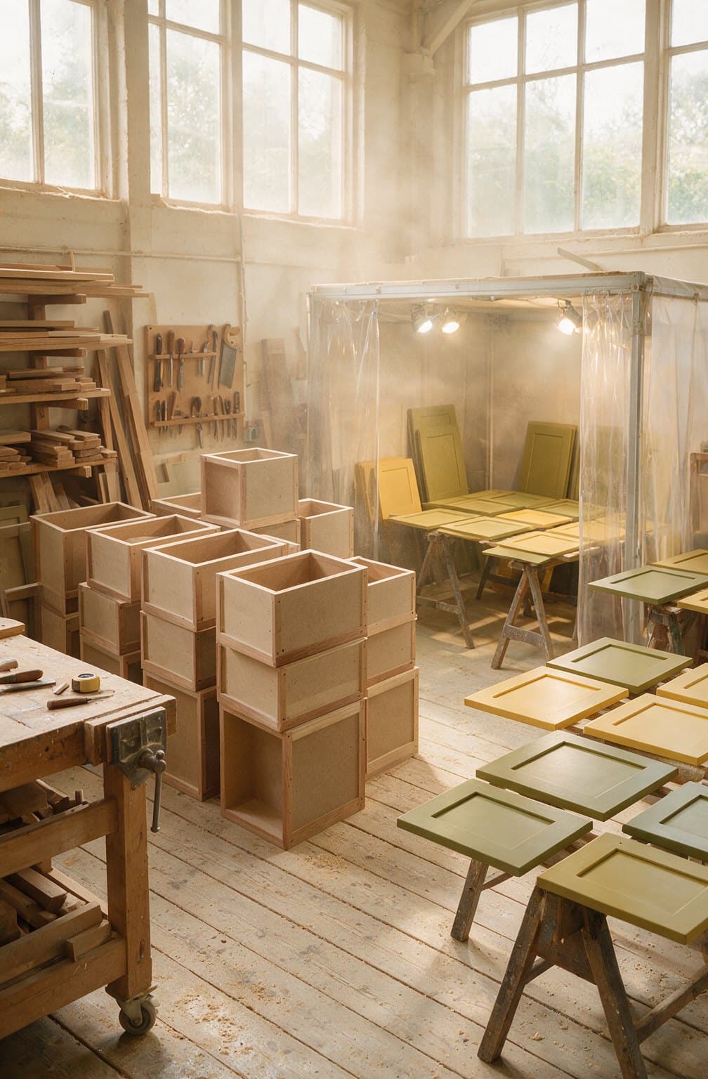 Cabinet carcasses and sprayed doors in the workshop
